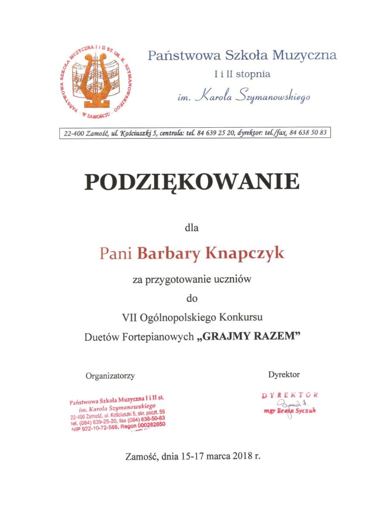 Podziękowanie B. Knapczyk 1